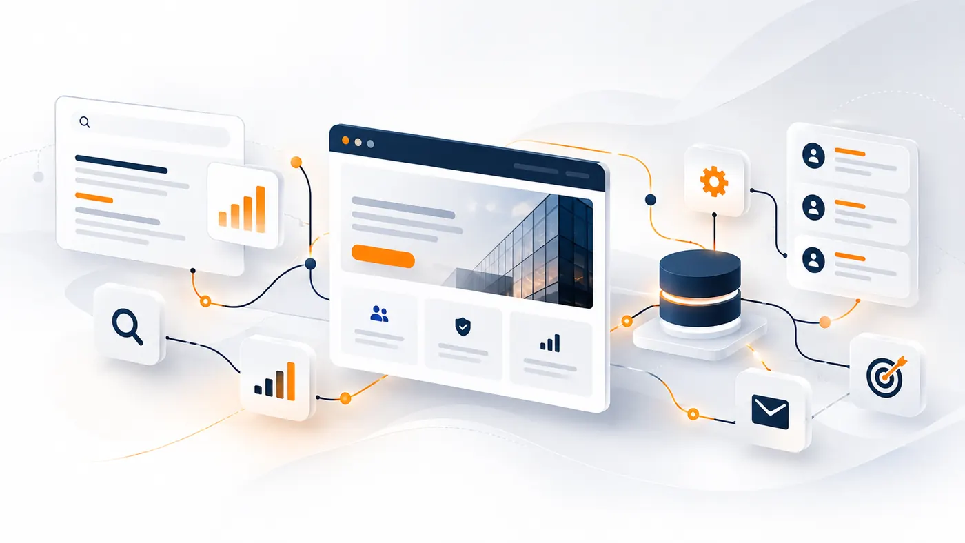 Connected website, search, analytics, CRM, email, and automation systems